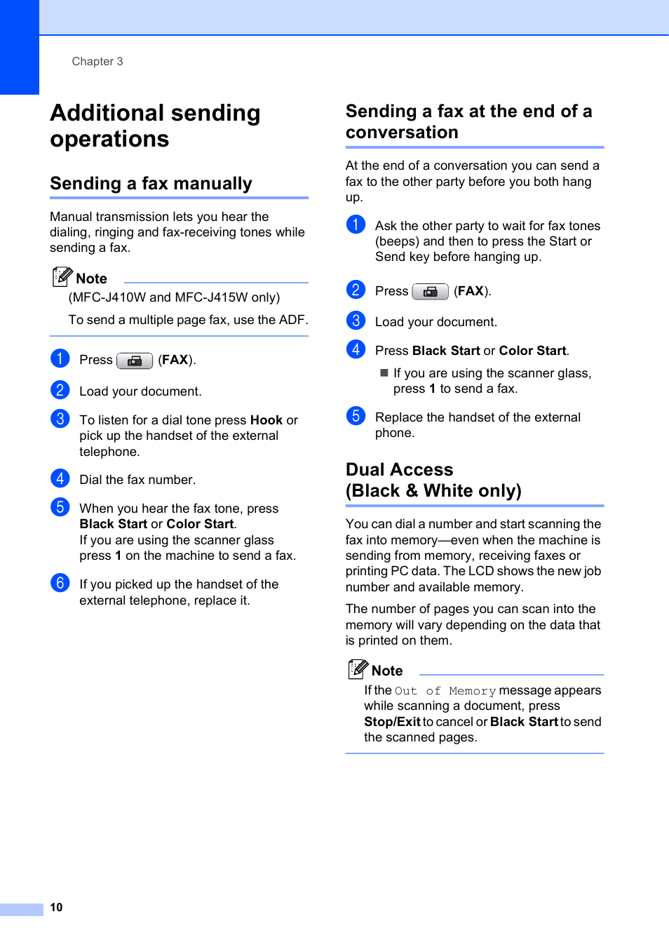 Additional sending operations, Sending a fax manually, Sending a fax at the end of a conversation | Dual access (black & white only) | Brother MFC J415W User Manual | Page 16 / 59