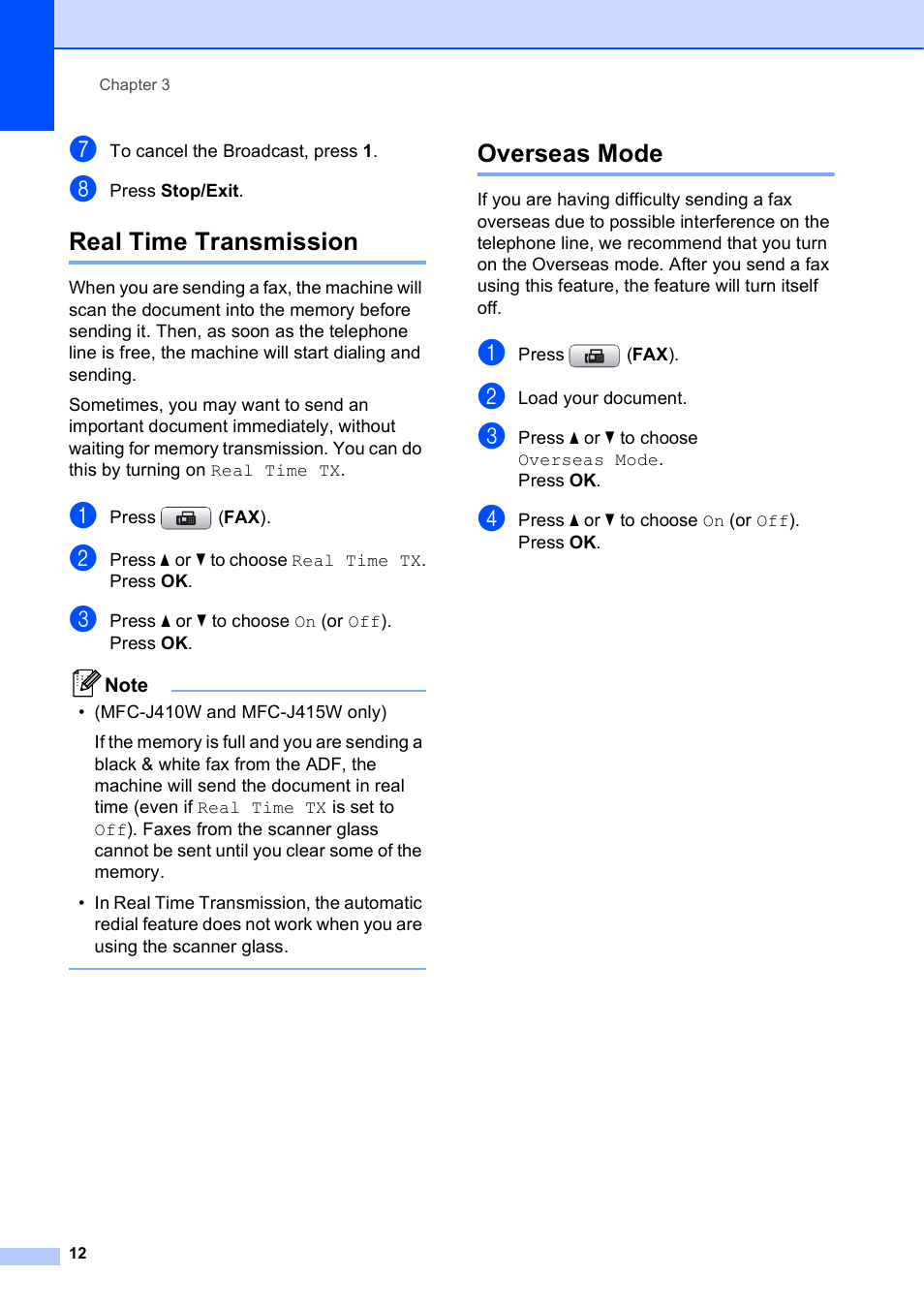 Real time transmission, Overseas mode, Real time transmission overseas mode | Brother MFC J415W User Manual | Page 18 / 59