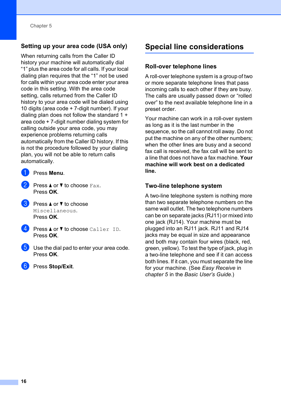 Setting up your area code (usa only), Special line considerations, Roll-over telephone lines | Two-line telephone system | Brother MFC J415W User Manual | Page 22 / 59