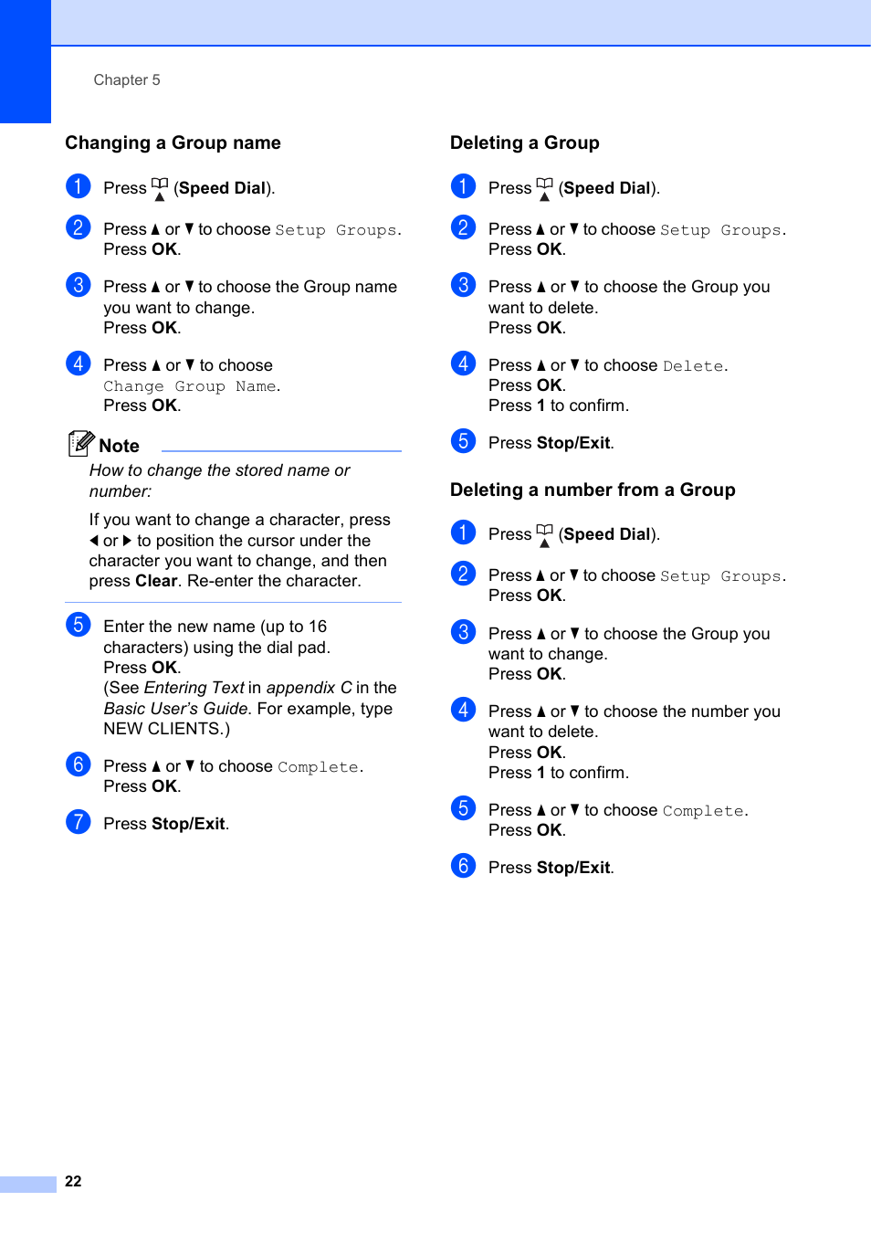 Changing a group name, Deleting a group, Deleting a number from a group | Brother MFC J415W User Manual | Page 28 / 59