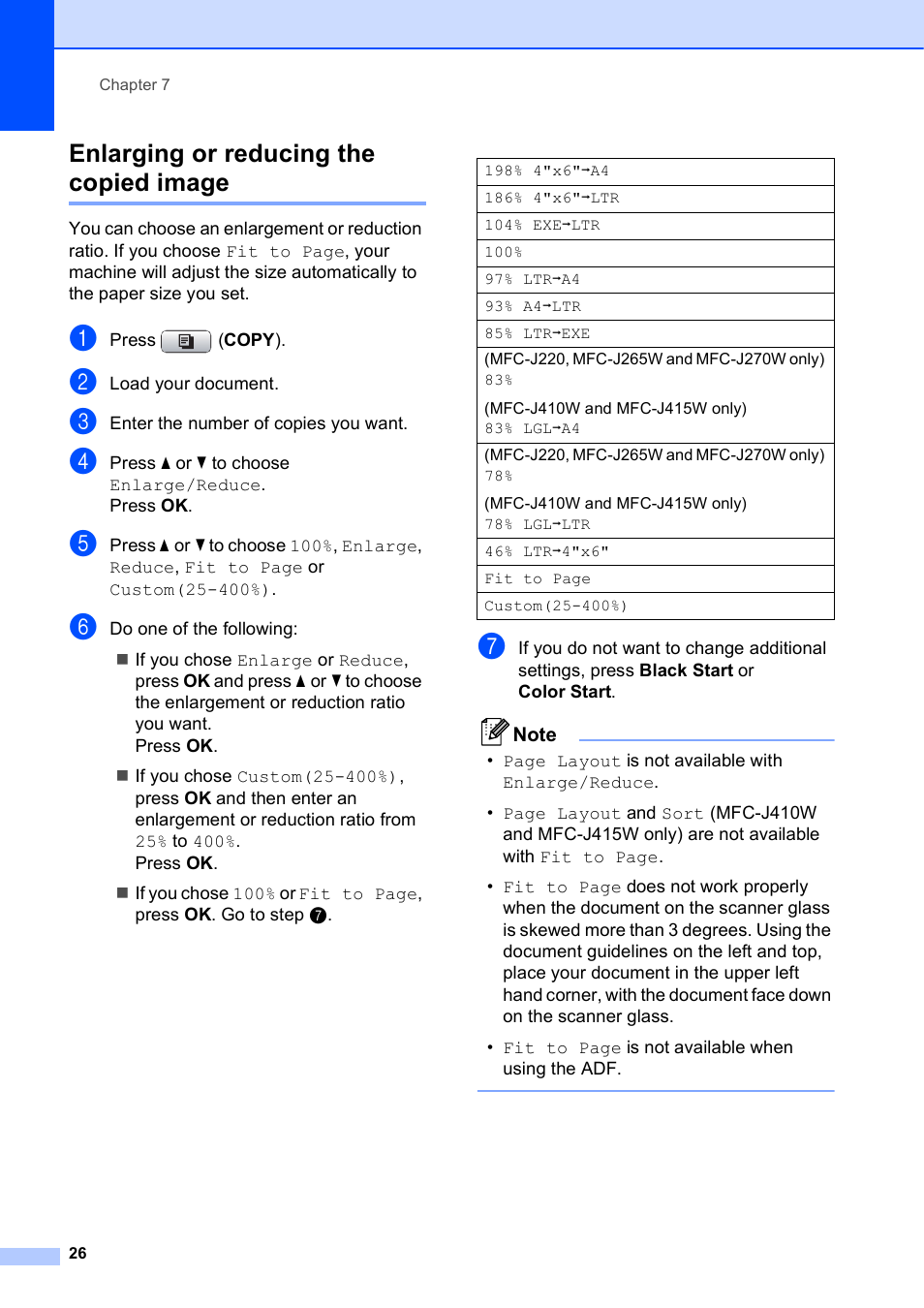 Enlarging or reducing the copied image | Brother MFC J415W User Manual | Page 32 / 59