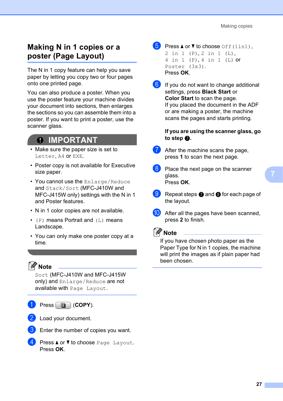 Important, 7making n in 1 copies or a poster (page layout) | Brother MFC J415W User Manual | Page 33 / 59