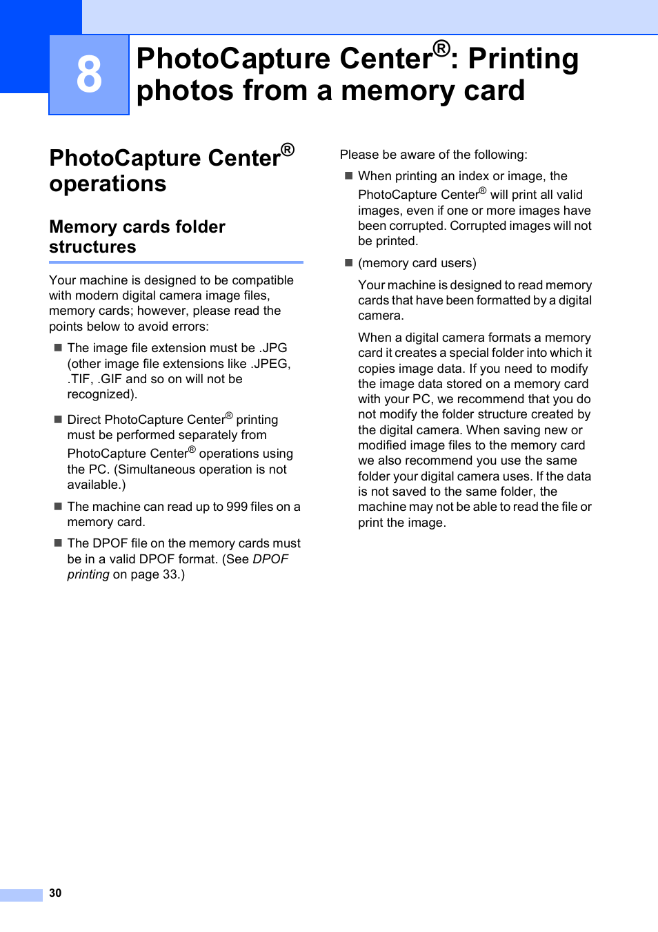 Photocapture center® operations, Memory cards folder structures, Photocapture center | Printing photos from a memory card, Operations | Brother MFC J415W User Manual | Page 36 / 59