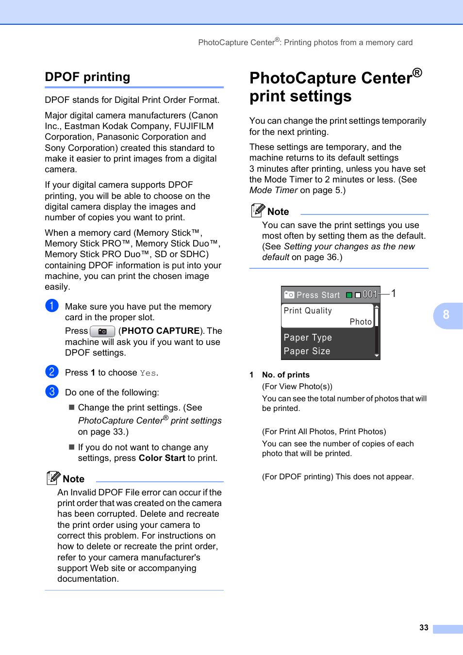 Dpof printing, Photocapture center® print settings, Photocapture center | Print settings, 8dpof printing | Brother MFC J415W User Manual | Page 39 / 59