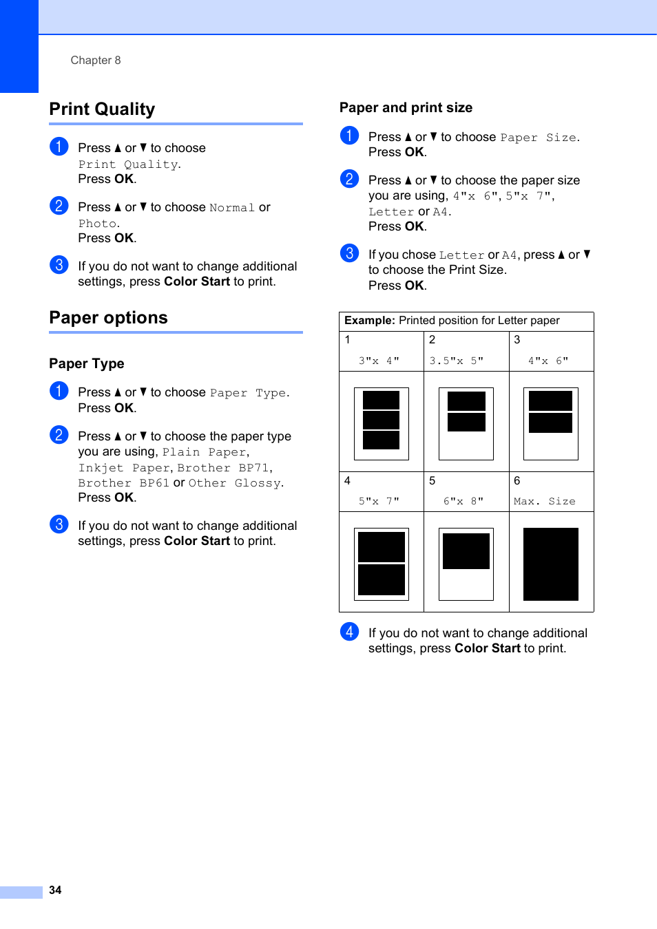 Print quality, Paper options, Paper type | Paper and print size, Print quality paper options | Brother MFC J415W User Manual | Page 40 / 59