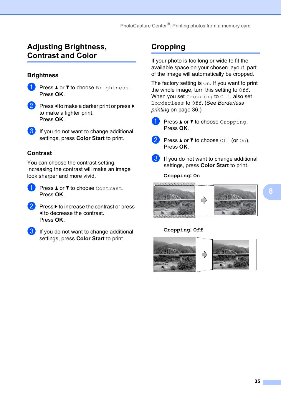 Adjusting brightness, contrast and color, Brightness, Contrast | Cropping, Adjusting brightness, contrast and color cropping, 8adjusting brightness, contrast and color | Brother MFC J415W User Manual | Page 41 / 59