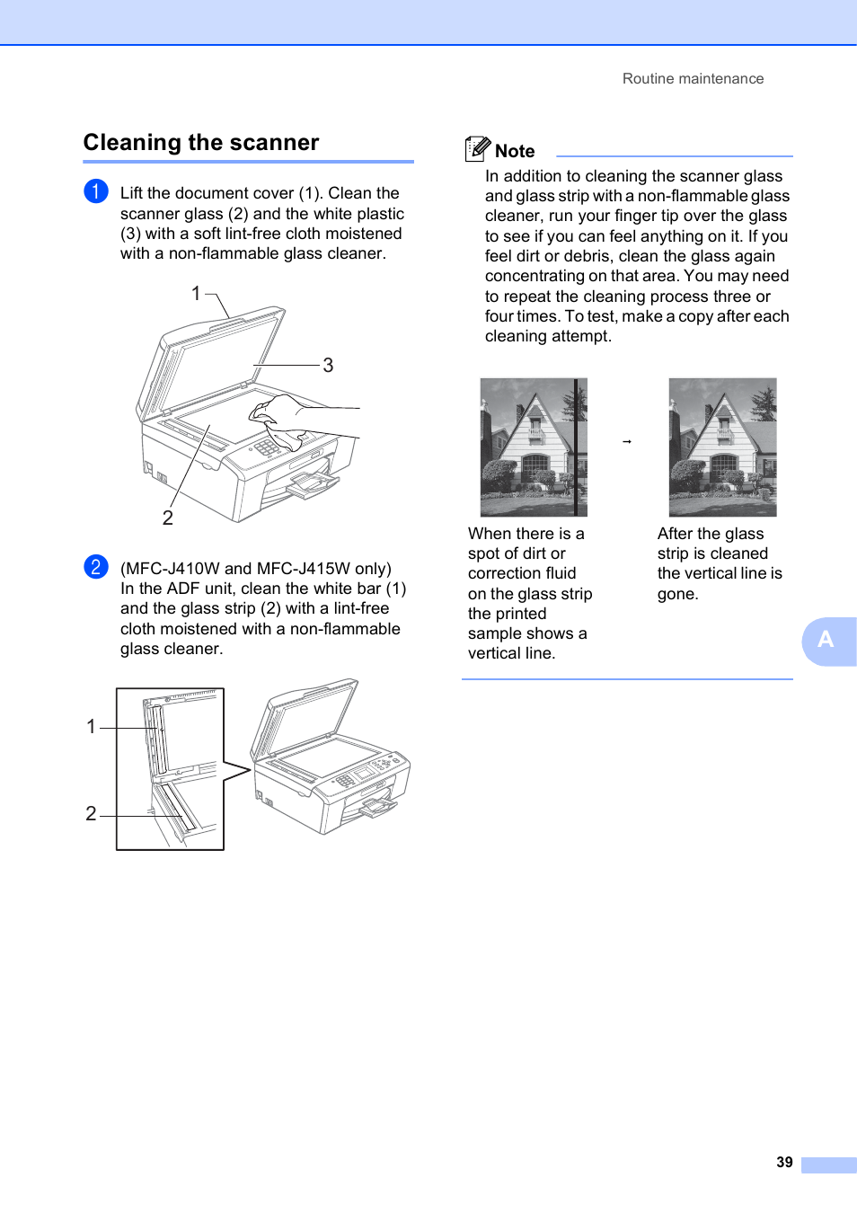 Cleaning the scanner, Acleaning the scanner | Brother MFC J415W User Manual | Page 45 / 59