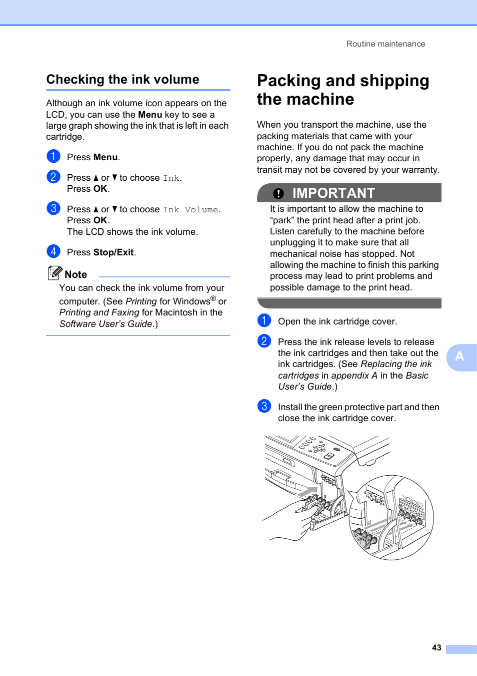 Checking the ink volume, Packing and shipping the machine, Important | Achecking the ink volume | Brother MFC J415W User Manual | Page 49 / 59