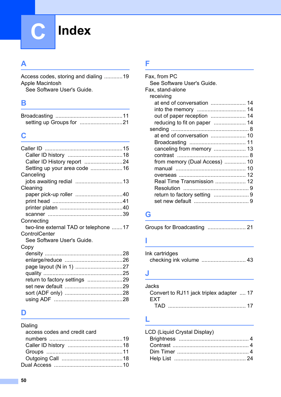 Index | Brother MFC J415W User Manual | Page 56 / 59