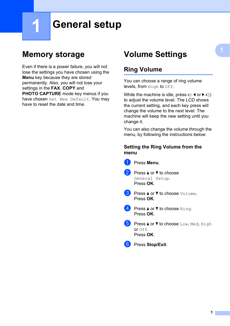 1 general setup, Memory storage, Volume settings | Ring volume, Setting the ring volume from the menu, General setup, Memory storage volume settings | Brother MFC J415W User Manual | Page 7 / 59