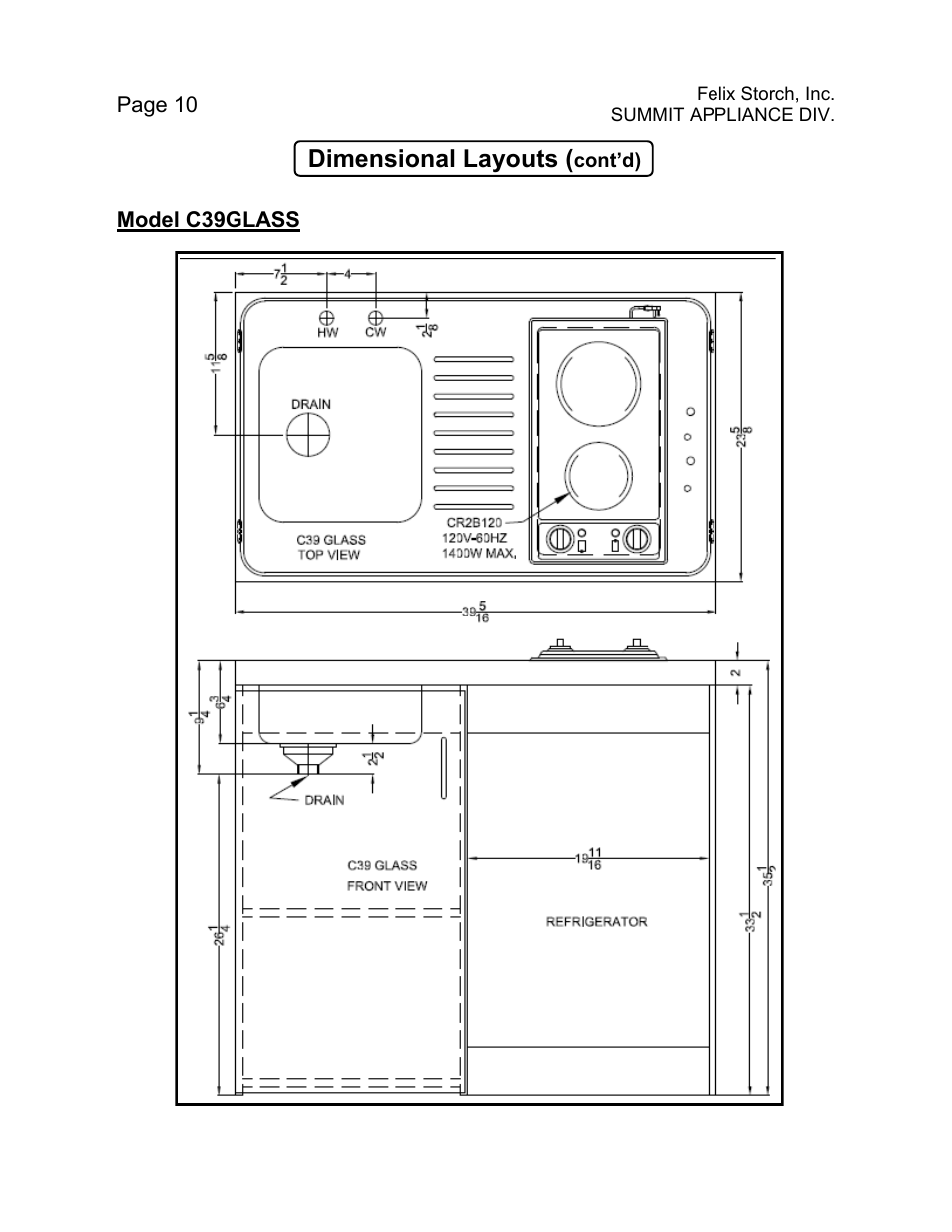 Dimensional layouts | Summit C48GLASS User Manual | Page 10 / 16