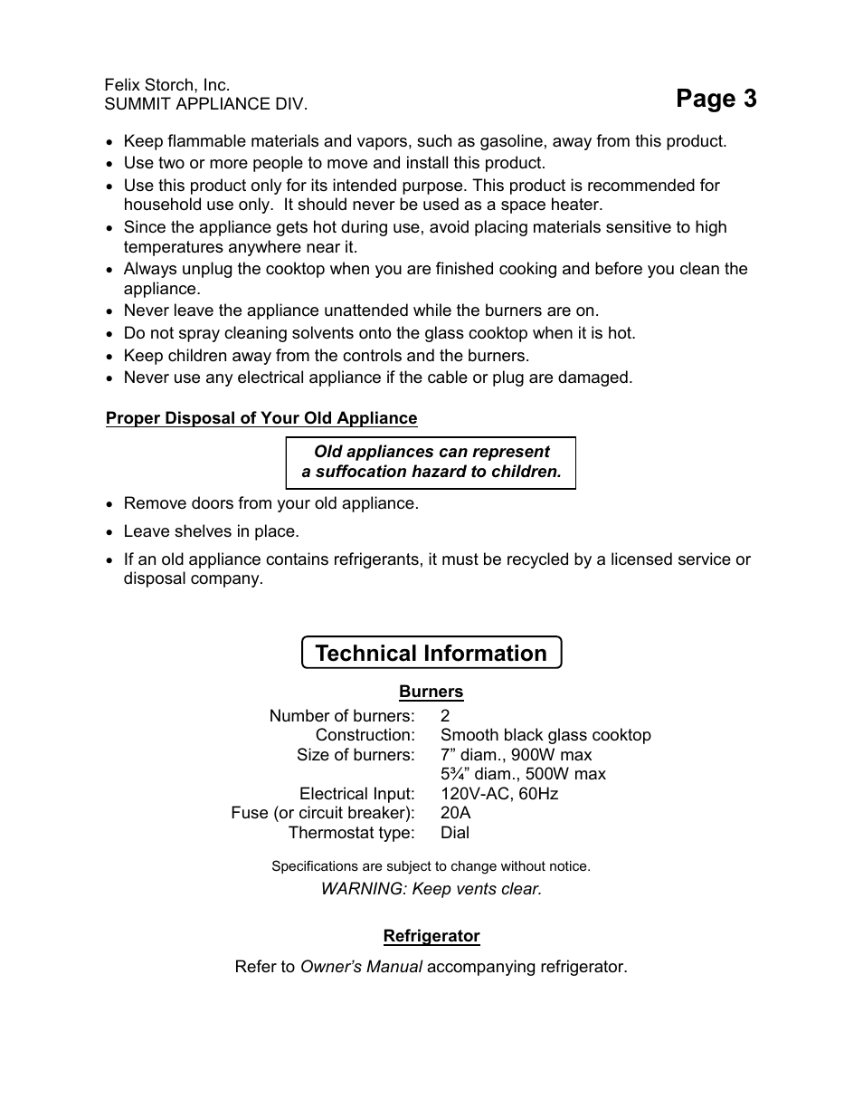 Page 3, Technical information | Summit C48GLASS User Manual | Page 3 / 16