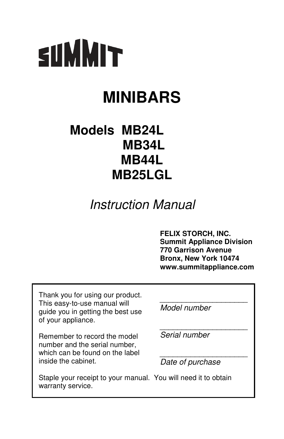 Summit MB25LGL User Manual | 6 pages