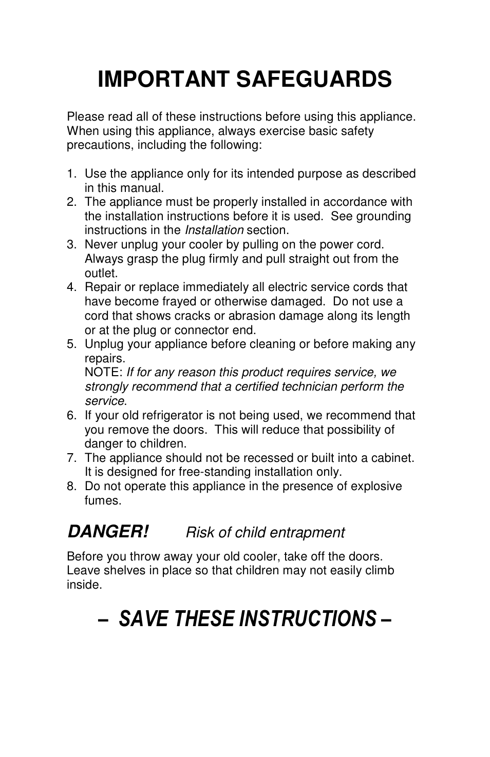 Important safeguards, Save these instructions, Danger | Summit MB25LGL User Manual | Page 2 / 6