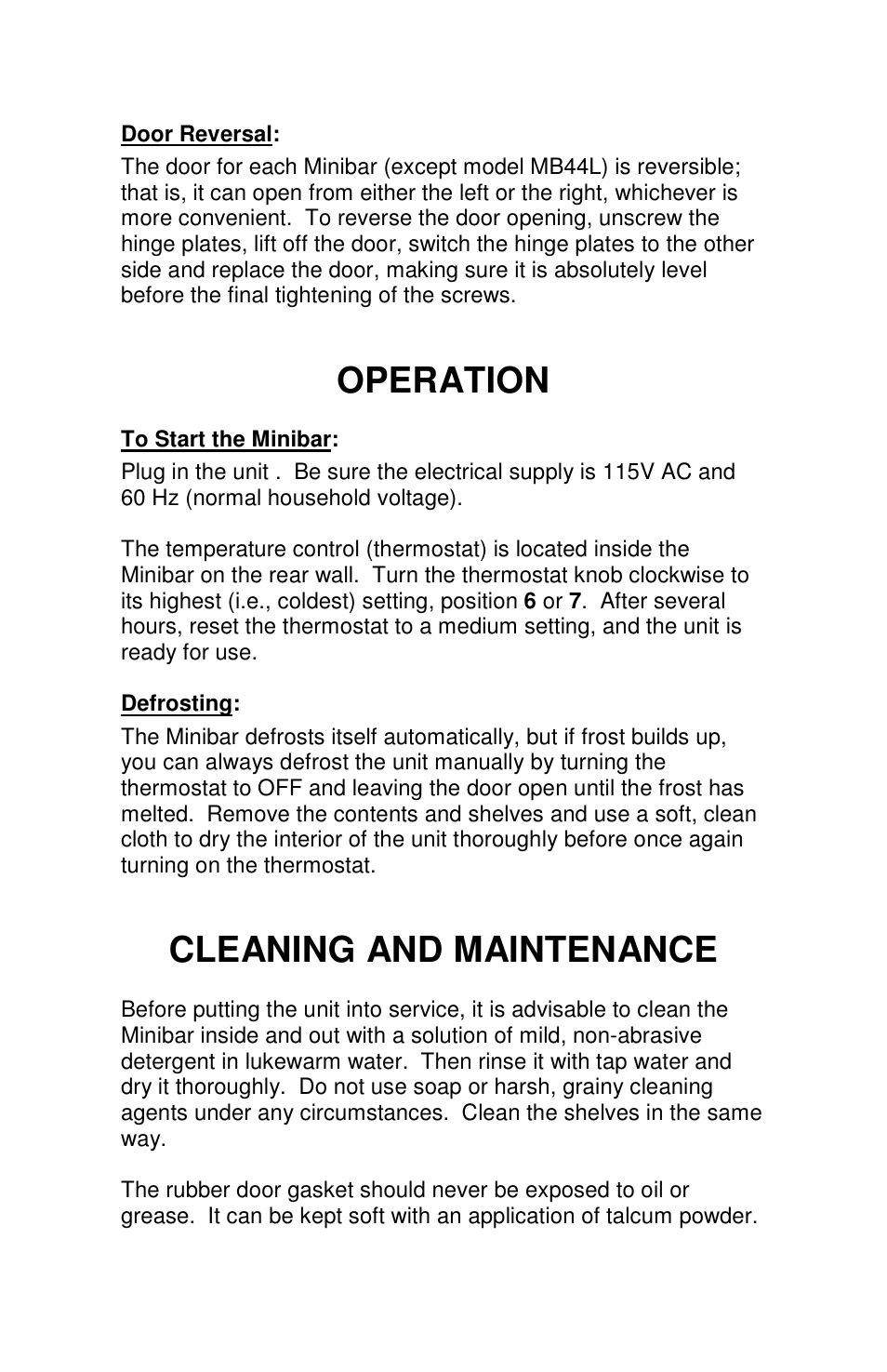 Operation, Cleaning and maintenance | Summit MB25LGL User Manual | Page 4 / 6