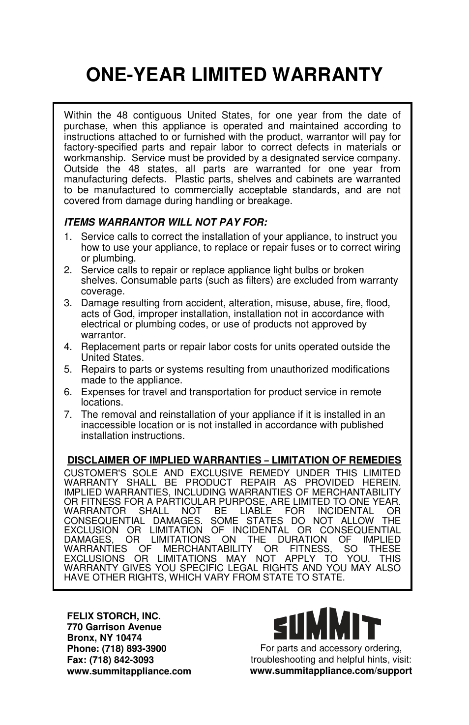 One-year limited warranty | Summit MB25LGL User Manual | Page 6 / 6