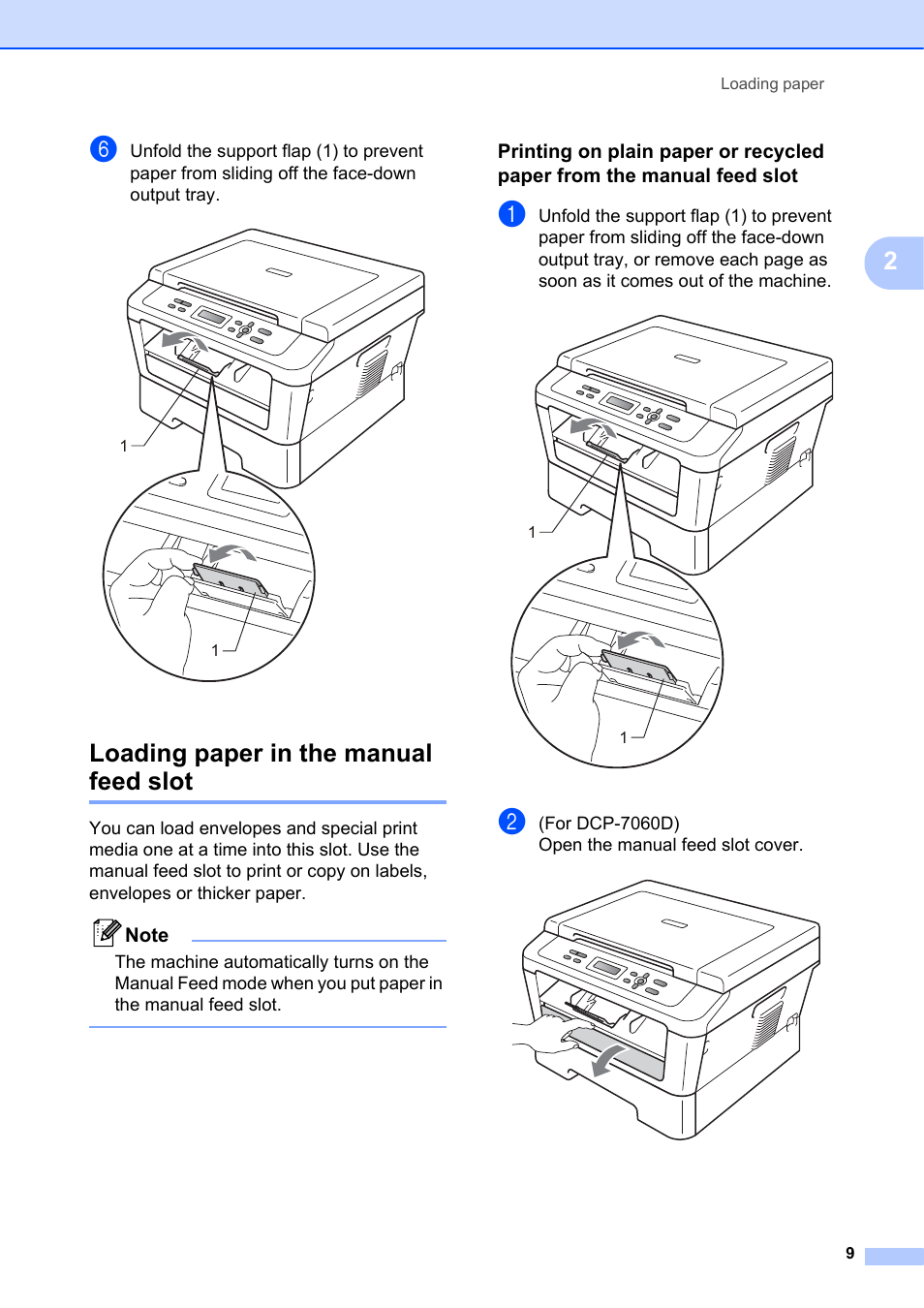 Loading paper in the manual feed slot | Brother DCP-7055 User Manual | Page 15 / 100