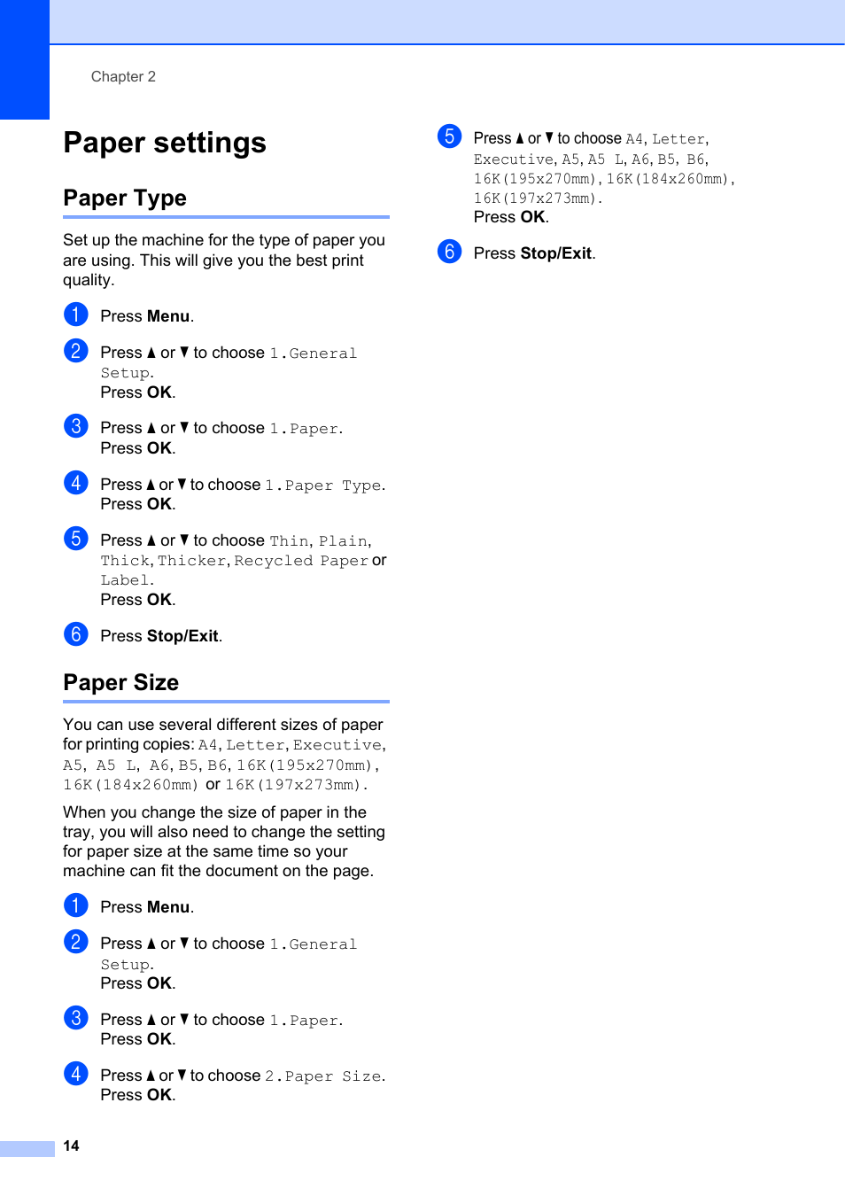 Paper settings, Paper type, Paper size | Paper type paper size | Brother DCP-7055 User Manual | Page 20 / 100