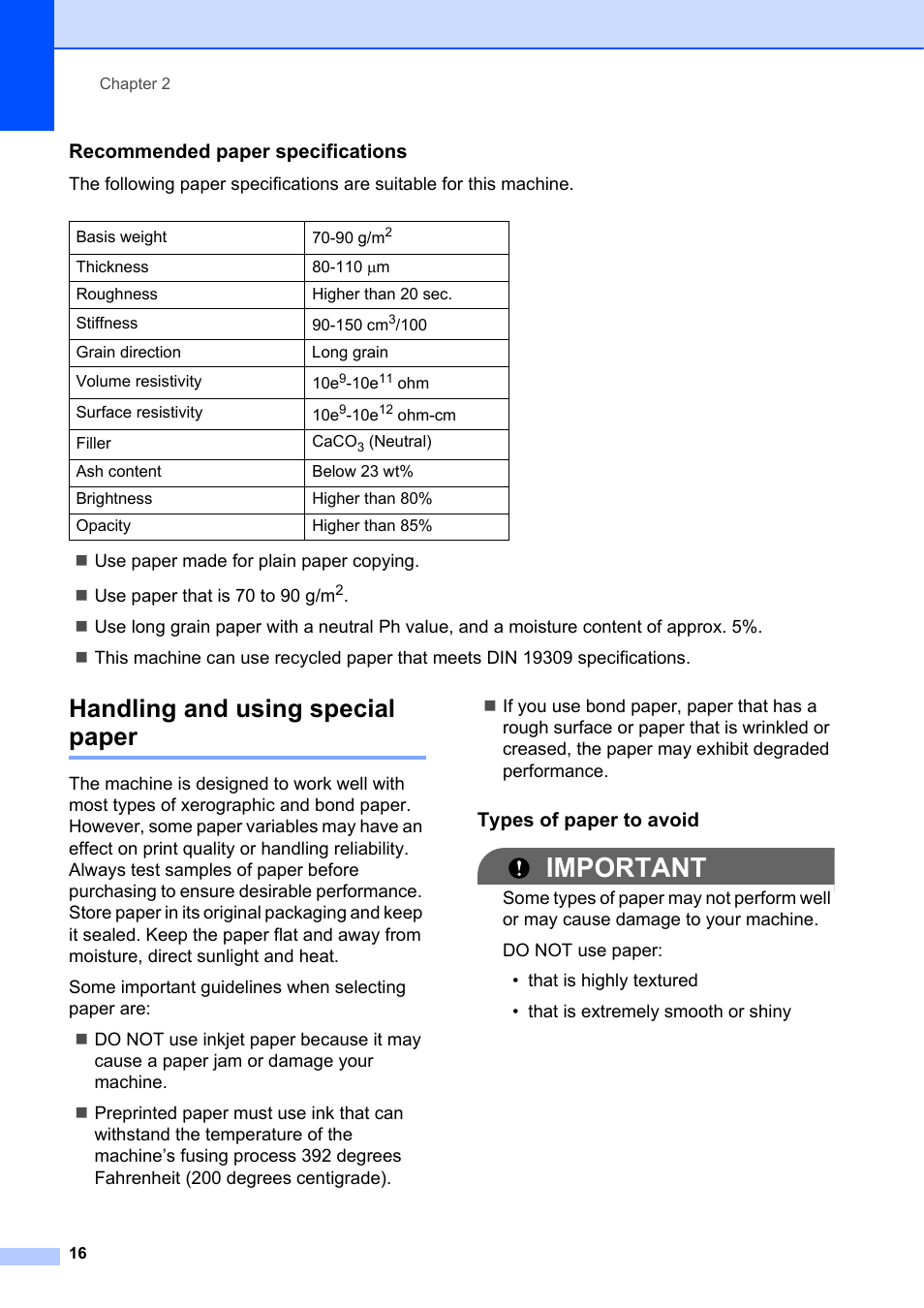 Handling and using special paper, Important, Recommended paper specifications | Types of paper to avoid | Brother DCP-7055 User Manual | Page 22 / 100