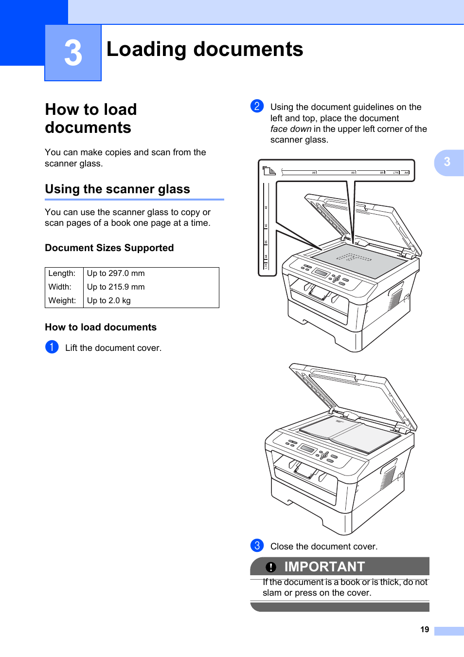 3 loading documents, How to load documents, Using the scanner glass | Loading documents, Important | Brother DCP-7055 User Manual | Page 25 / 100