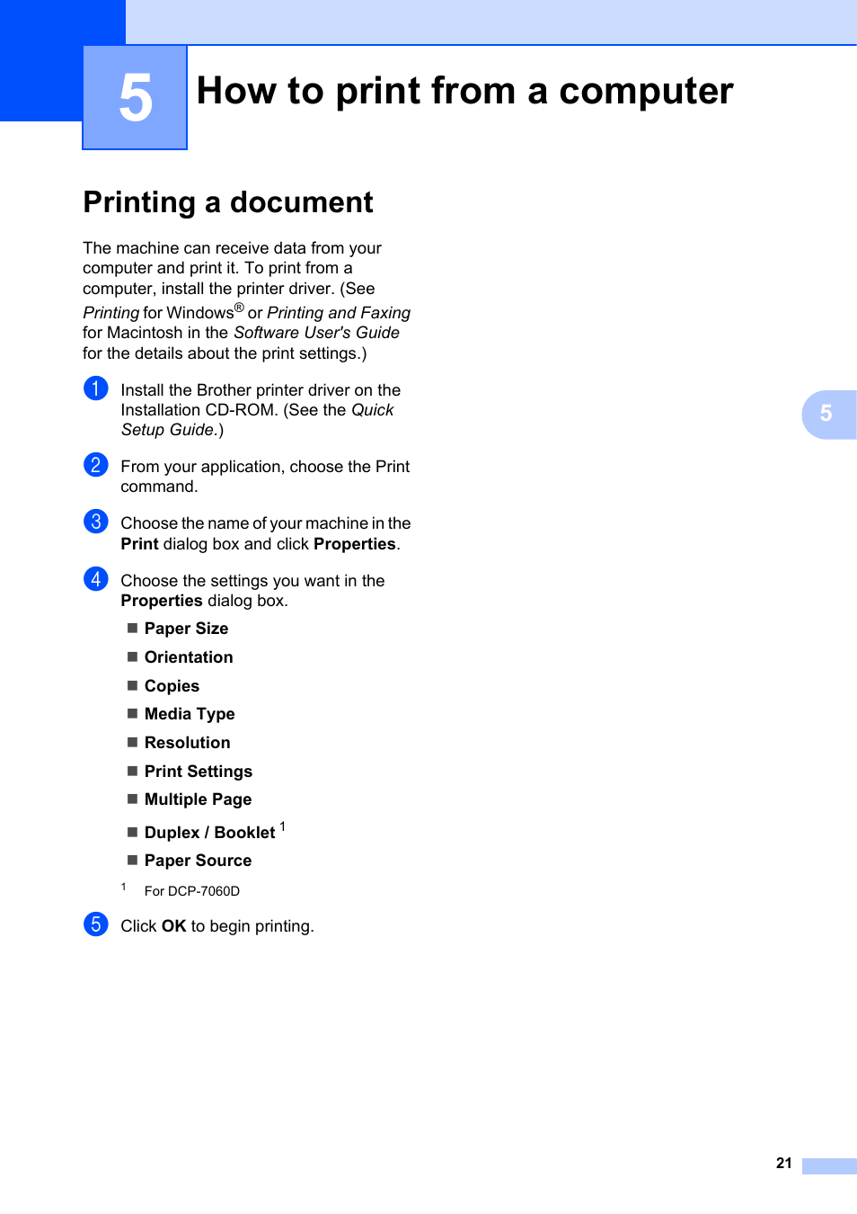 5 how to print from a computer, Printing a document, How to print from a computer | Brother DCP-7055 User Manual | Page 27 / 100