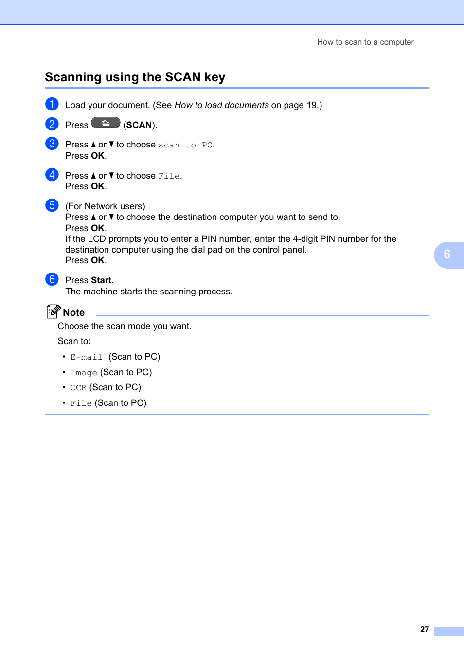 Scanning using the scan key, 6scanning using the scan key | Brother DCP-7055 User Manual | Page 33 / 100