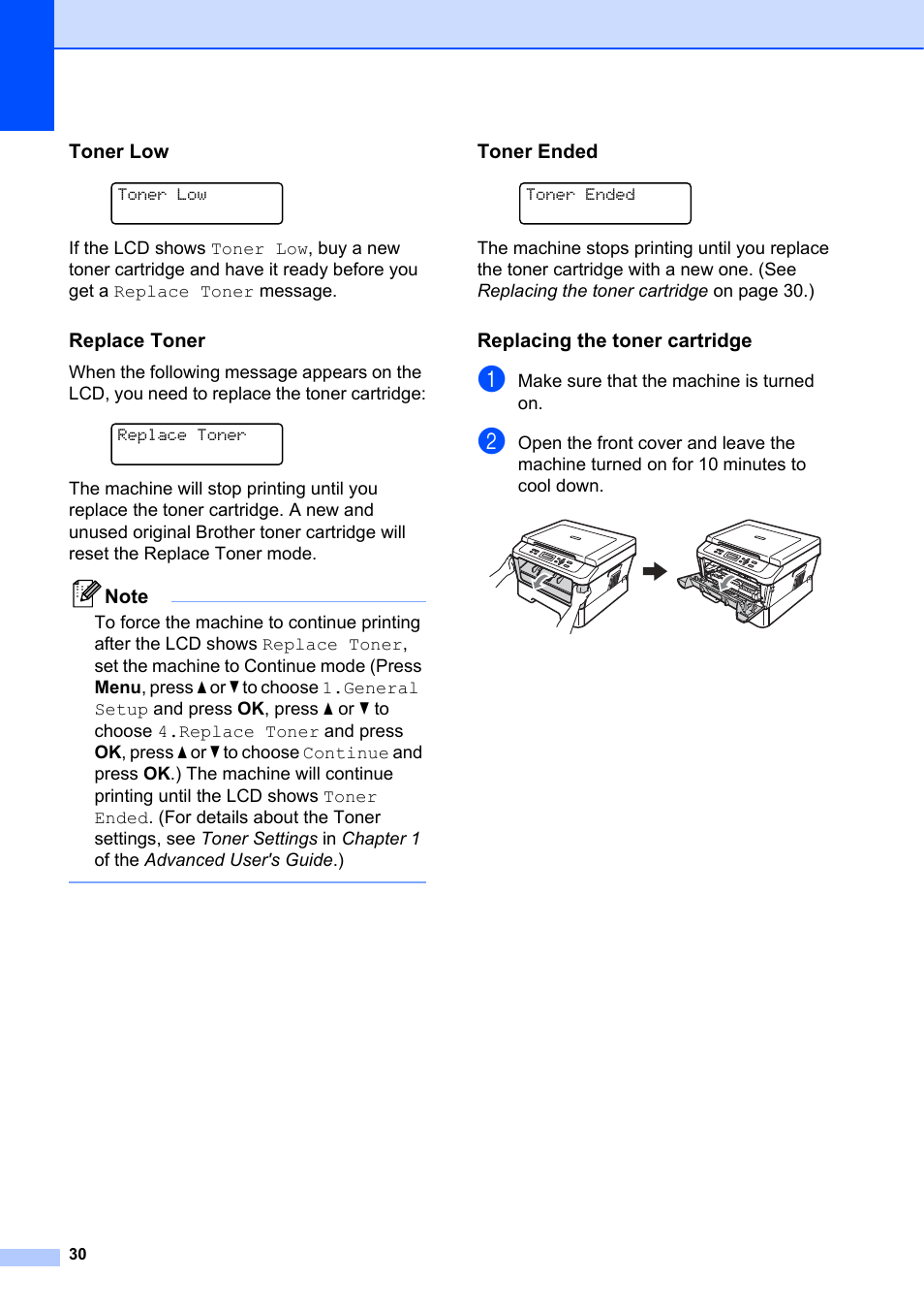 Toner low, Replace toner, Toner ended | Replacing the toner cartridge | Brother DCP-7055 User Manual | Page 36 / 100