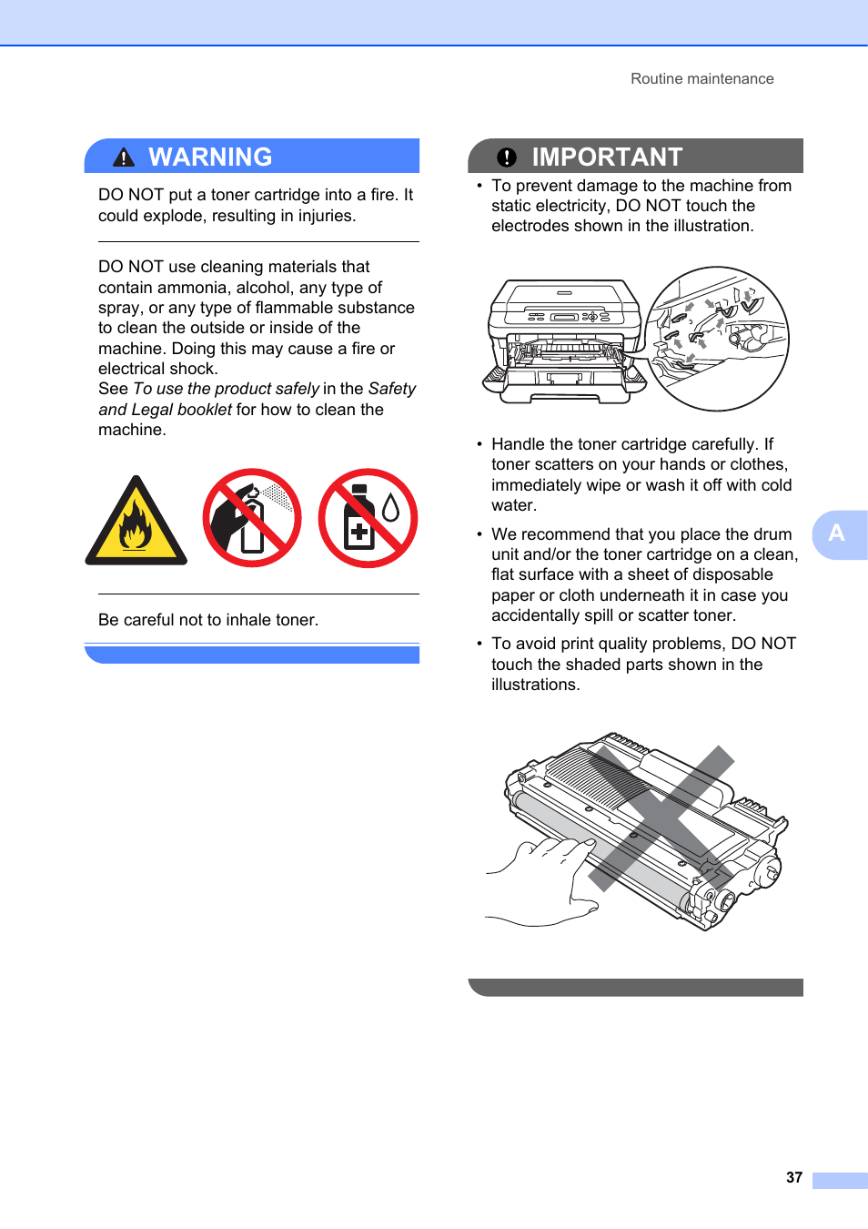 Warning, Important, Be careful not to inhale toner | Brother DCP-7055 User Manual | Page 43 / 100