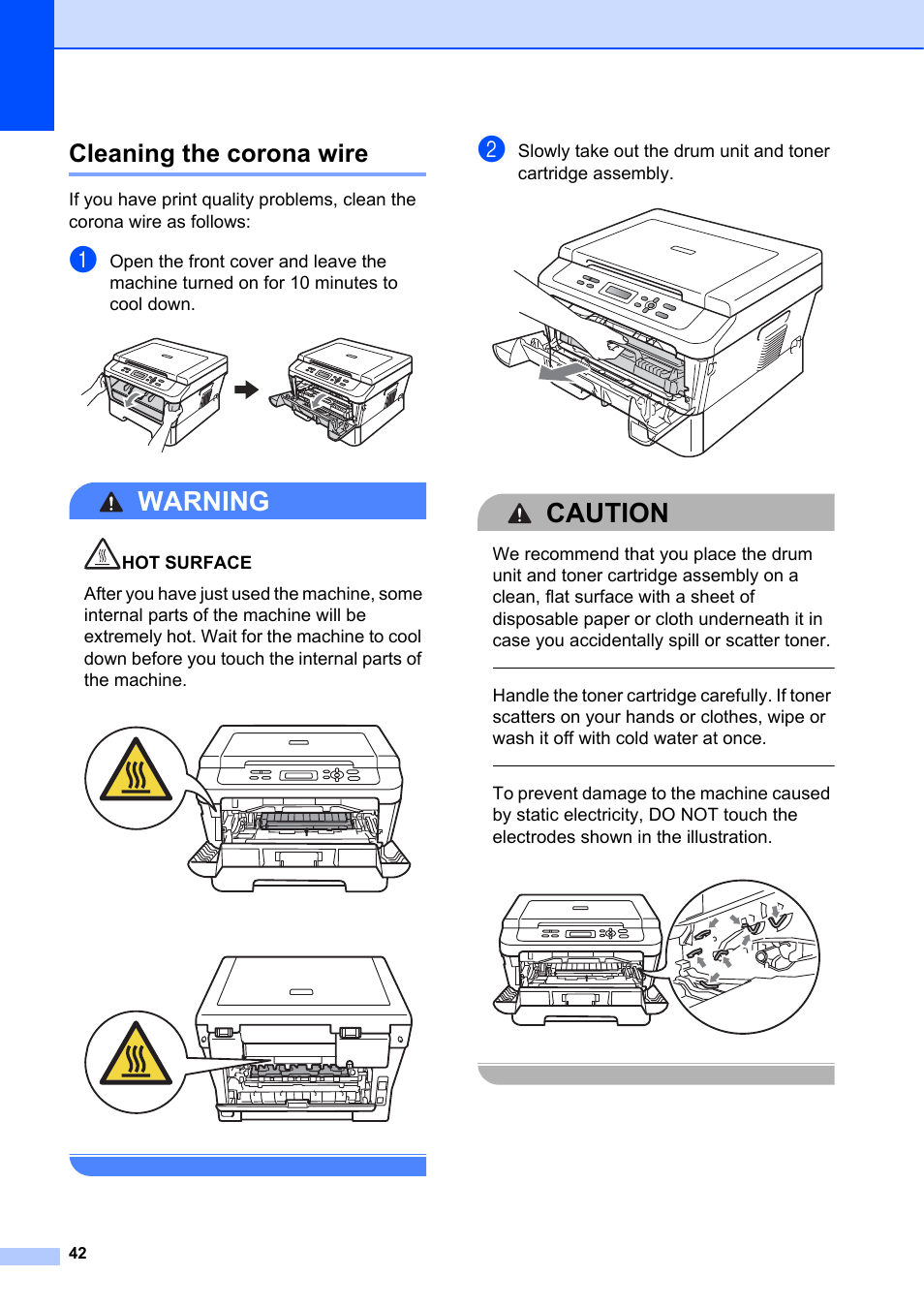 Cleaning the corona wire, Warning, Caution | Brother DCP-7055 User Manual | Page 48 / 100