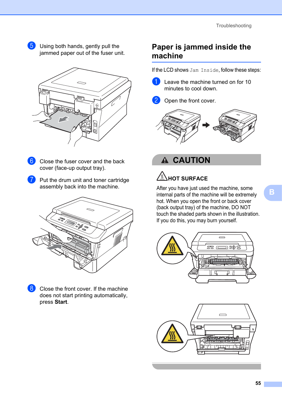 Paper is jammed inside the machine, Caution | Brother DCP-7055 User Manual | Page 61 / 100