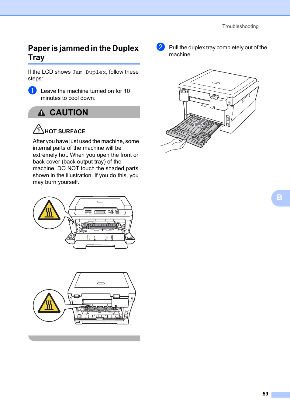 Paper is jammed in the duplex tray, Caution, Bpaper is jammed in the duplex tray | Brother DCP-7055 User Manual | Page 65 / 100