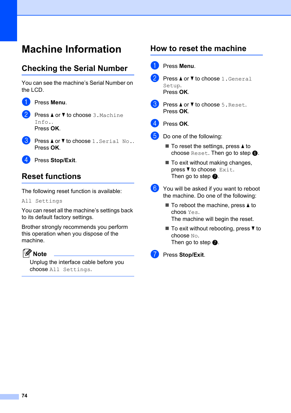 Machine information, Checking the serial number, Reset functions | How to reset the machine | Brother DCP-7055 User Manual | Page 80 / 100