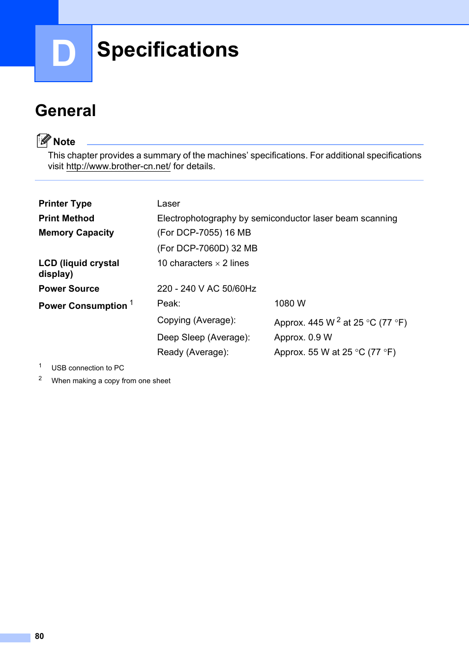 D specifications, General, Specifications | Brother DCP-7055 User Manual | Page 86 / 100