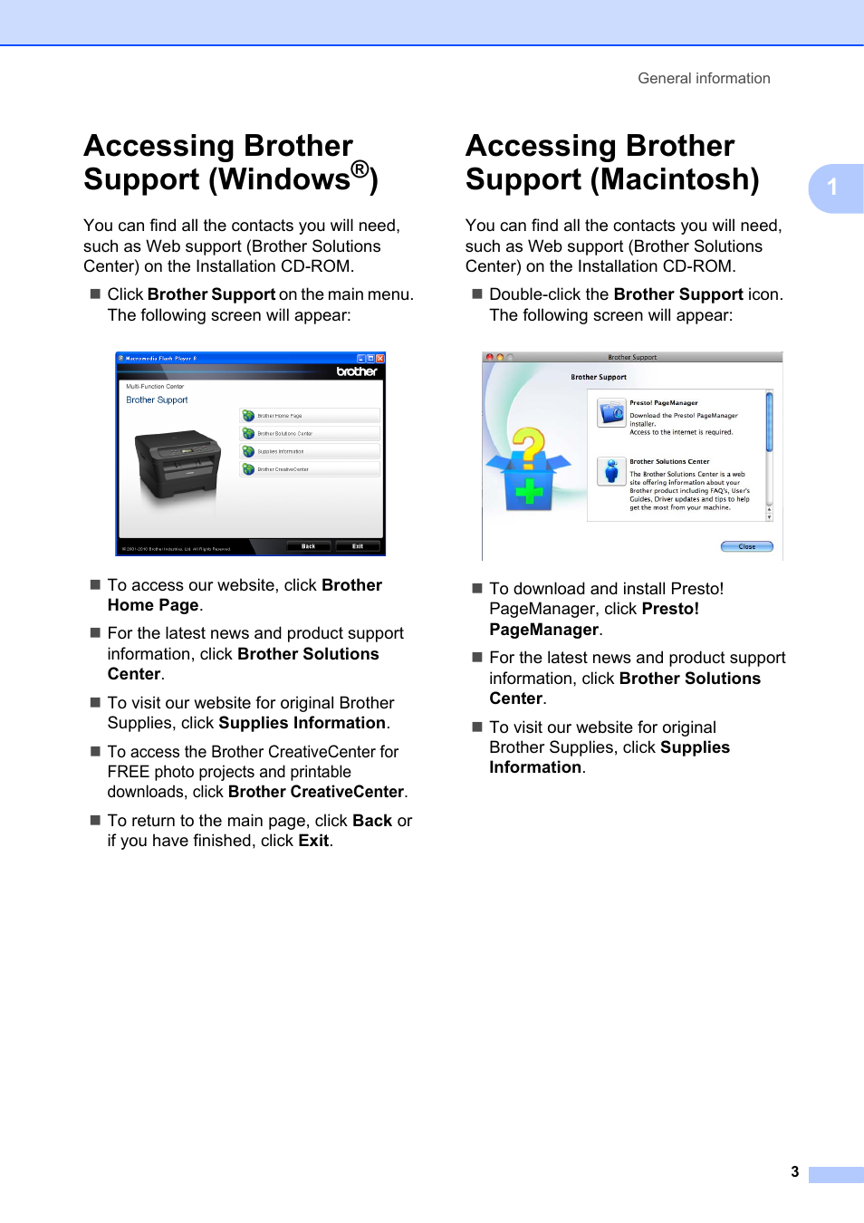 Accessing brother support (windows®), Accessing brother support (macintosh), Accessing brother support (windows | Brother DCP-7055 User Manual | Page 9 / 100