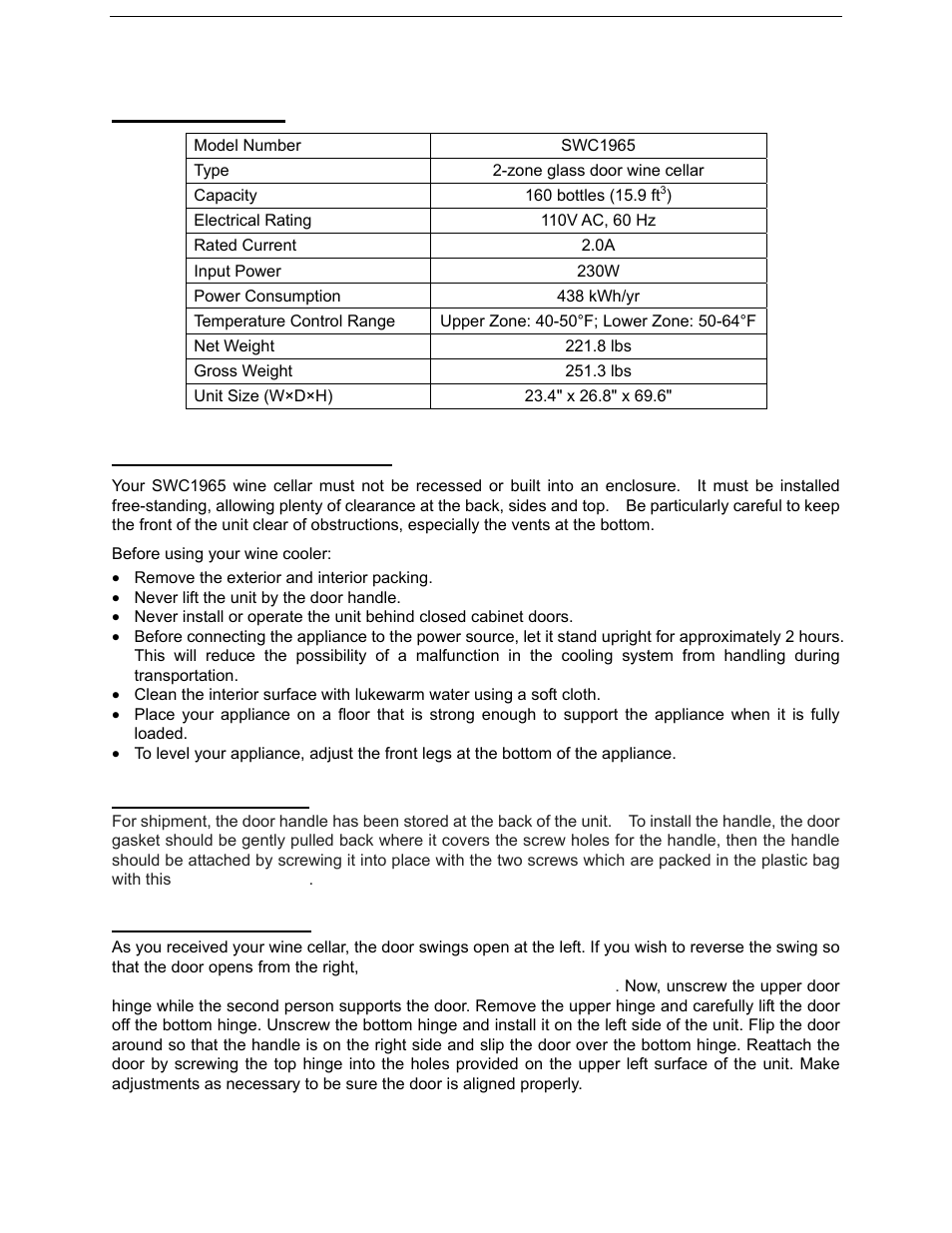 Technical data, Installation instructions | Summit SWC1965 User Manual | Page 6 / 12