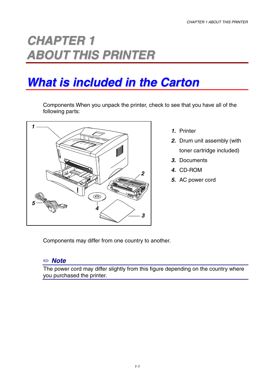 Chapter 1 about this printer, What is included in the carton | Brother HL-1230 EN User Manual | Page 10 / 116