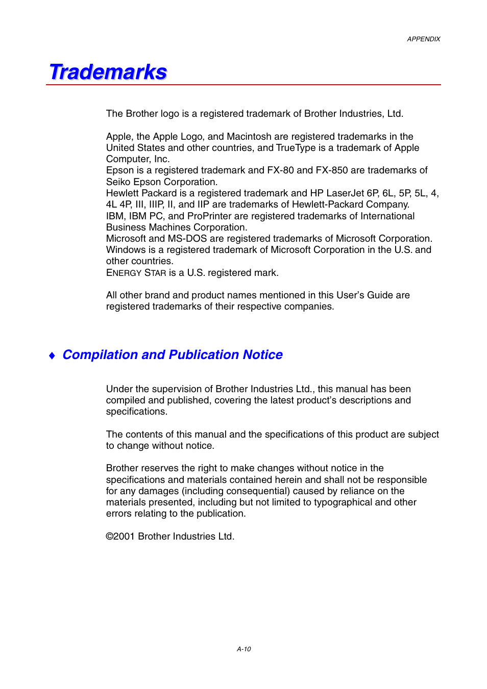 Trademarks | Brother HL-1230 EN User Manual | Page 114 / 116