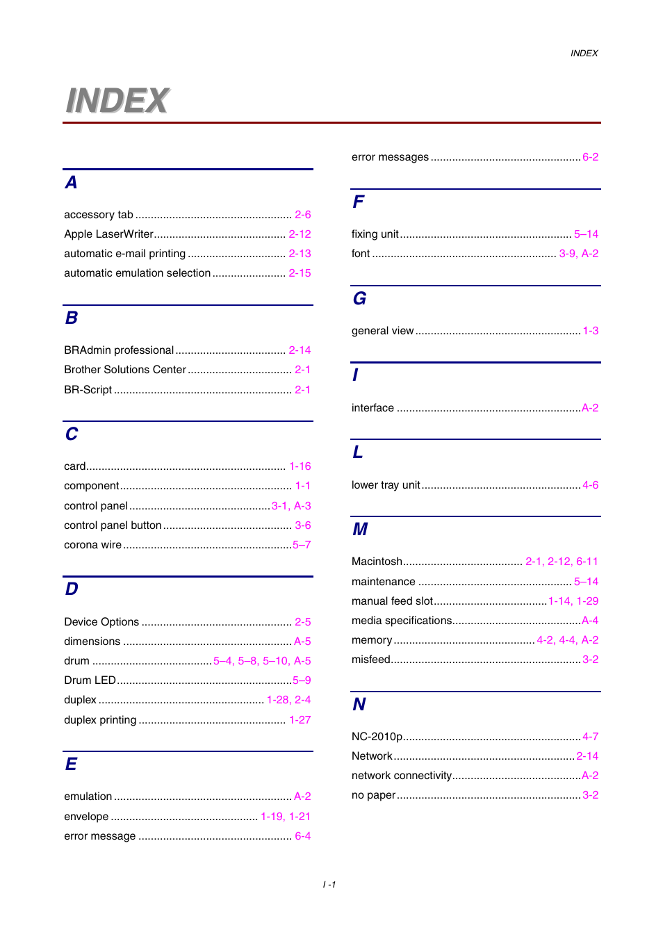 Index | Brother HL-1230 EN User Manual | Page 115 / 116