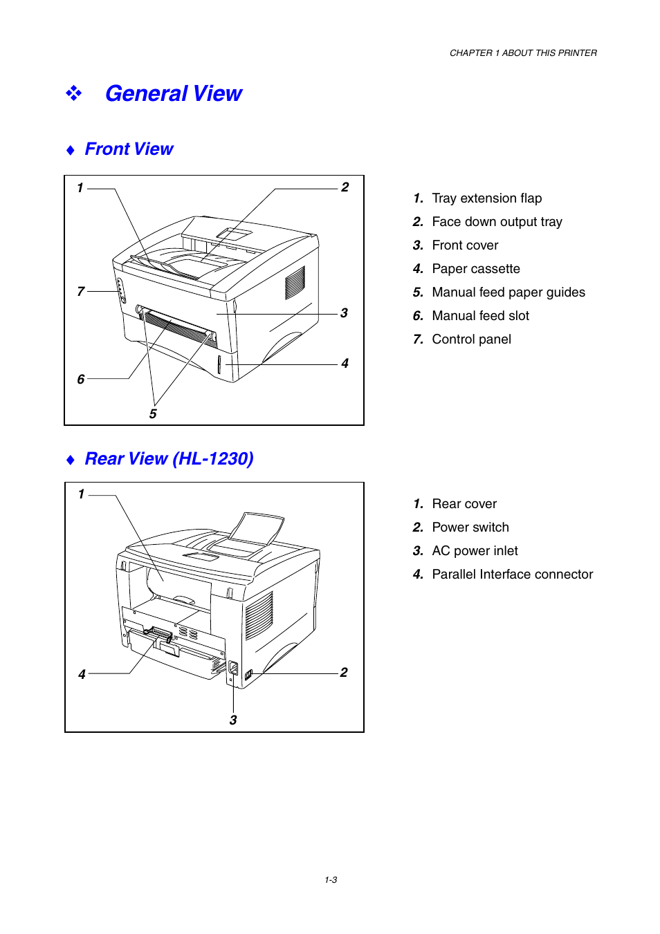 General view, Front view, Rear view (hl-1230) | Brother HL-1230 EN User Manual | Page 12 / 116