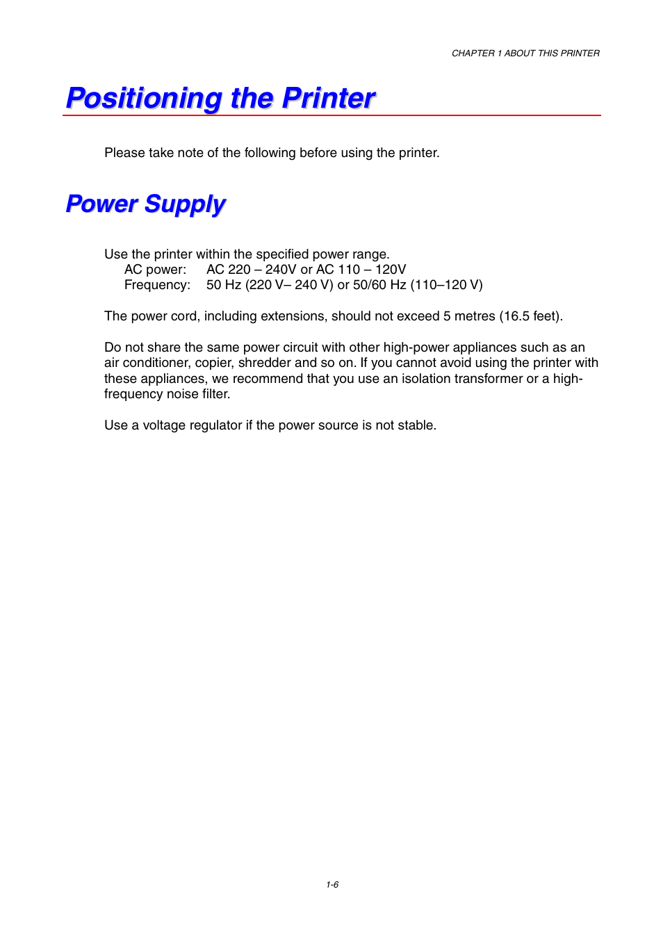 Positioning the printer, Power supply | Brother HL-1230 EN User Manual | Page 15 / 116