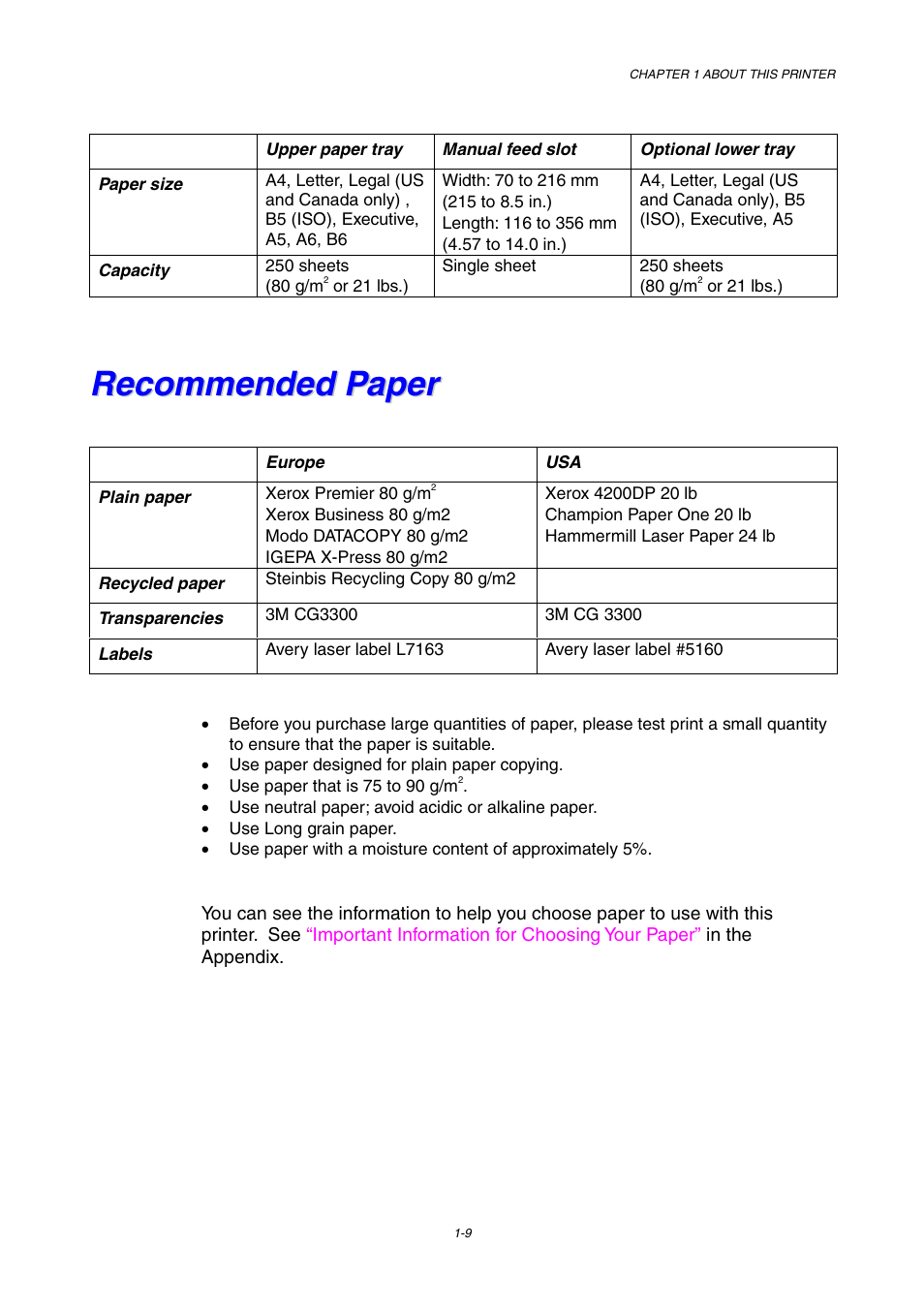 Recommended paper | Brother HL-1230 EN User Manual | Page 18 / 116
