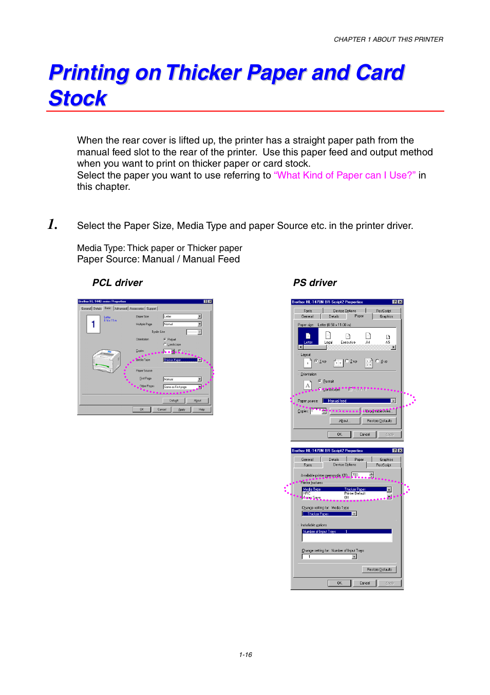 Printing on thicker paper and card stock | Brother HL-1230 EN User Manual | Page 25 / 116