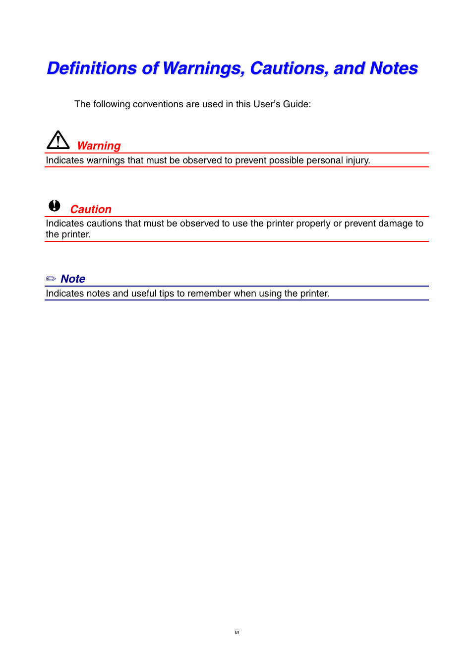 Definitions of warnings, cautions, and notes | Brother HL-1230 EN User Manual | Page 3 / 116
