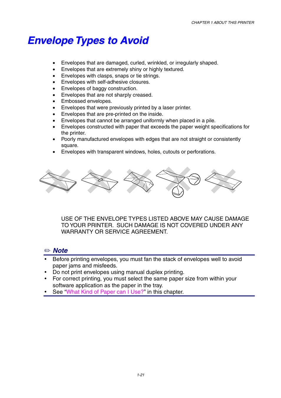 Envelope types to avoid | Brother HL-1230 EN User Manual | Page 30 / 116