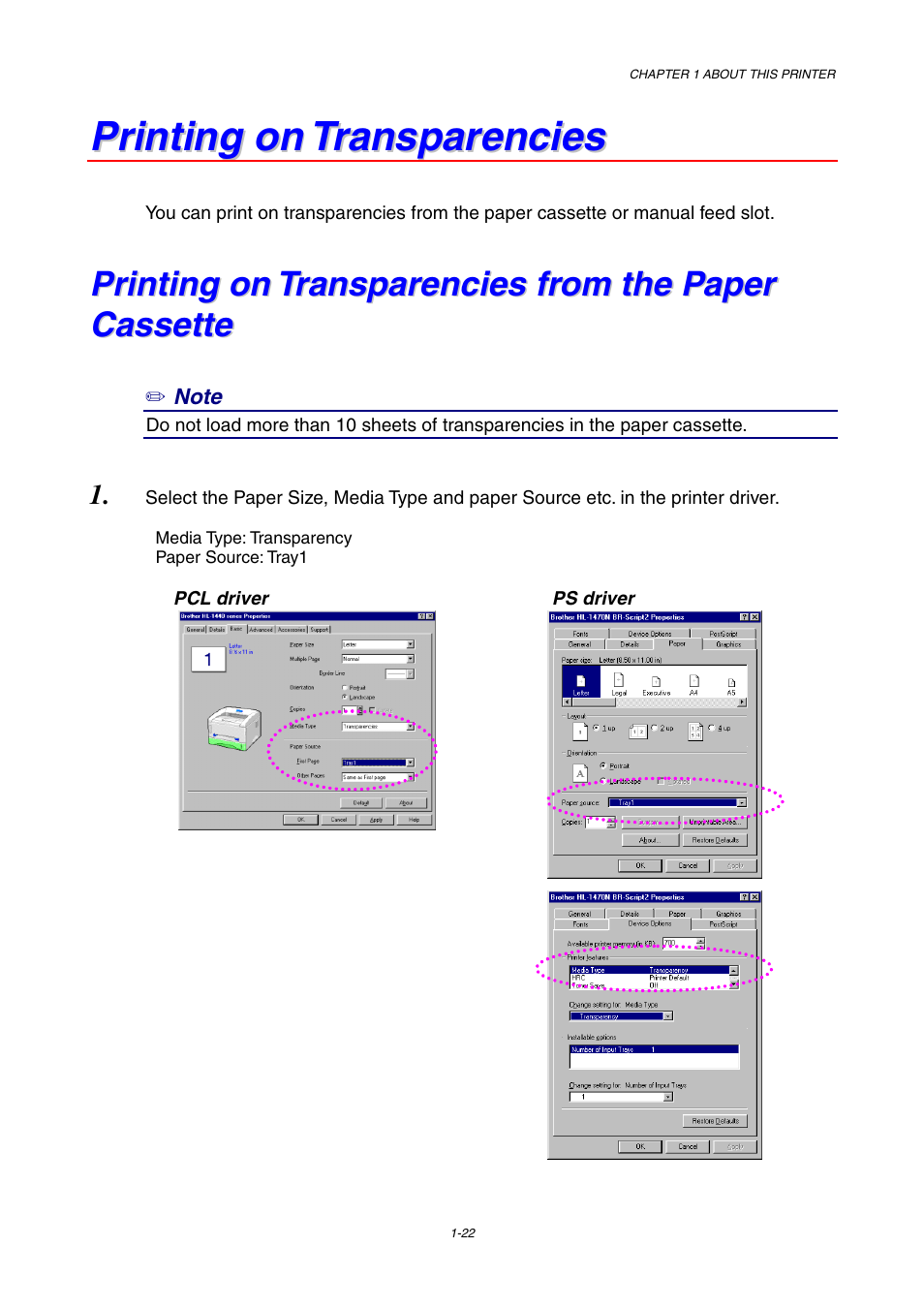 Printing on transparencies, Printing on transparencies from the paper cassette | Brother HL-1230 EN User Manual | Page 31 / 116