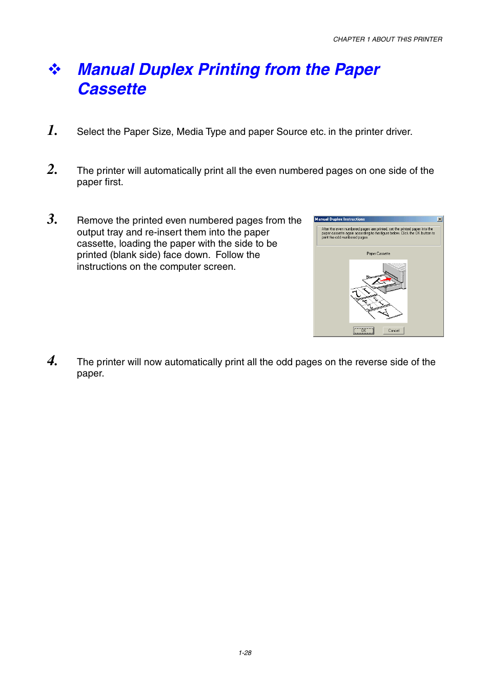 Manual duplex printing from the paper cassette | Brother HL-1230 EN User Manual | Page 37 / 116