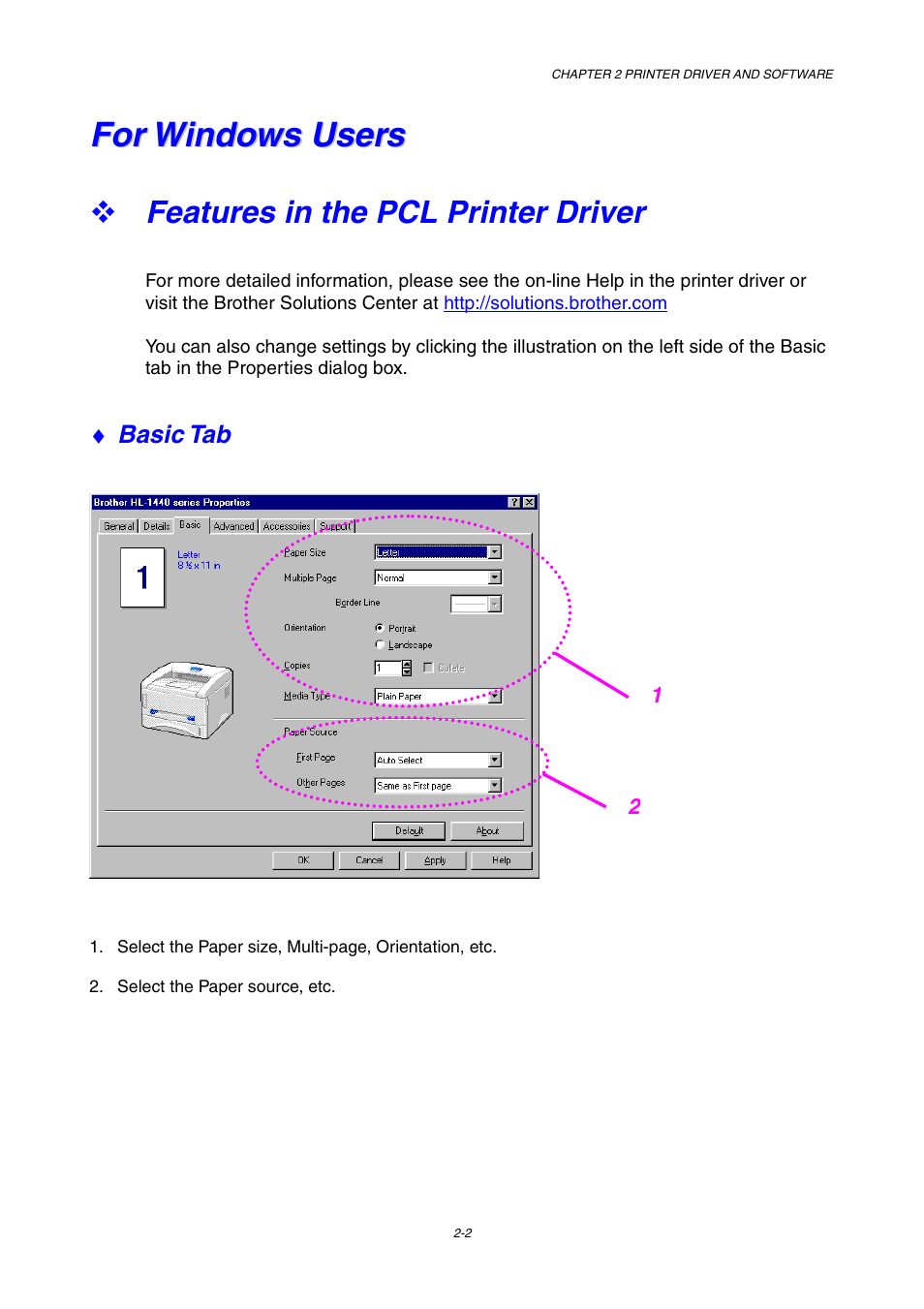 For windows users, Features in the pcl printer driver | Brother HL-1230 EN User Manual | Page 41 / 116