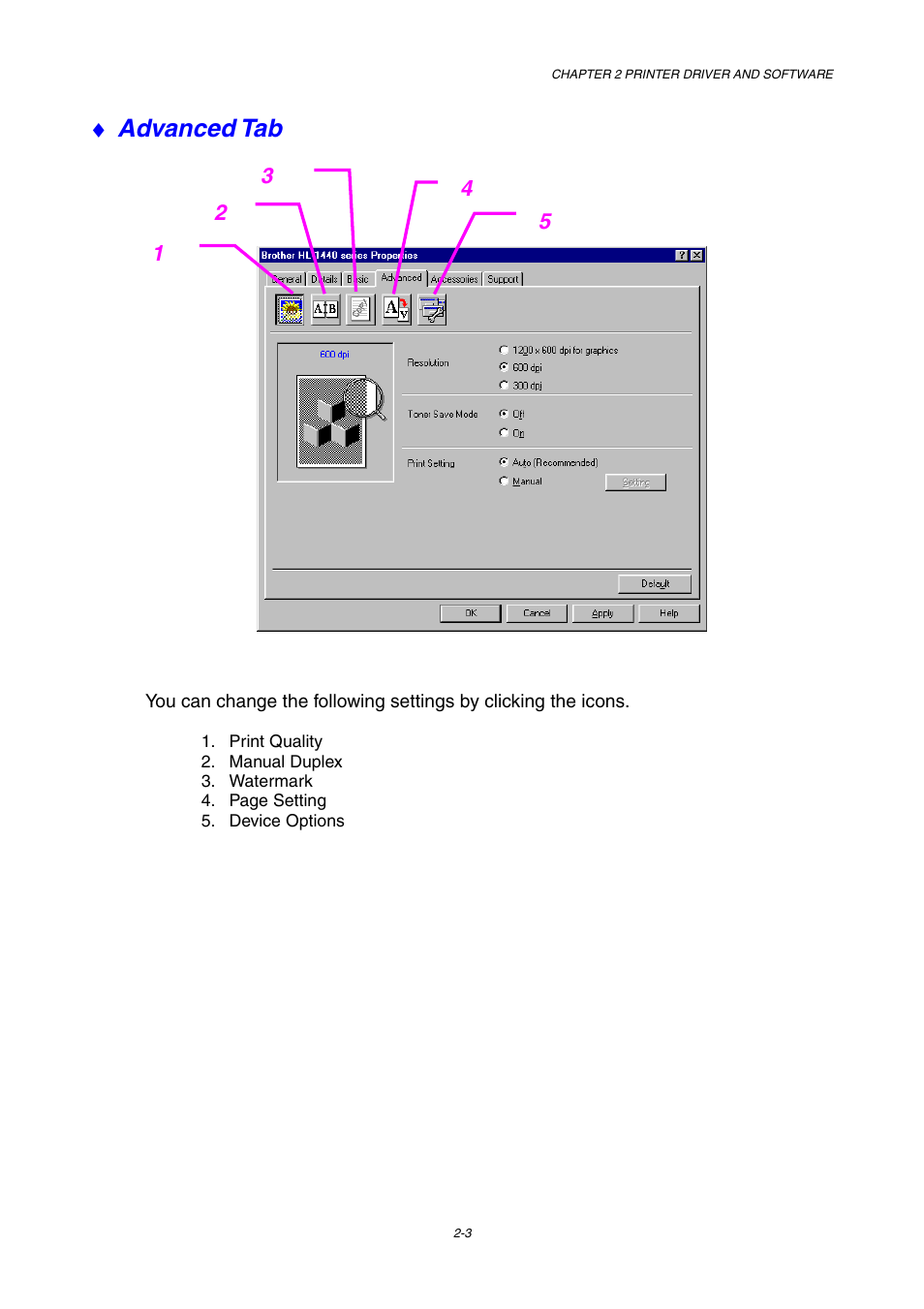 Advanced tab | Brother HL-1230 EN User Manual | Page 42 / 116