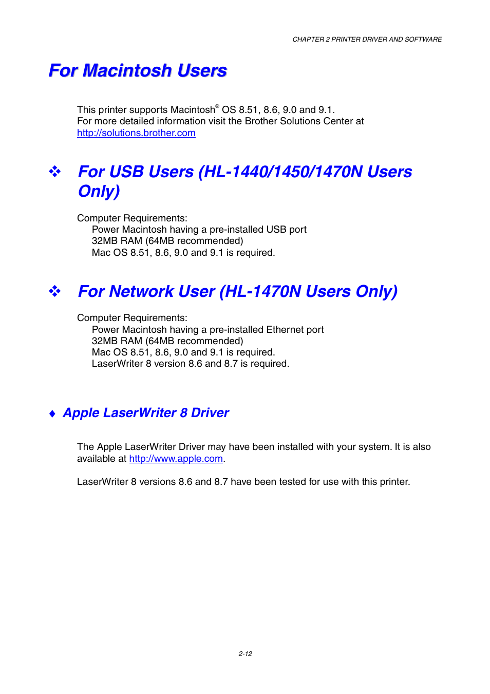 For macintosh users, For usb users (hl-1440/1450/1470n users only), For network user (hl-1470n users only) | Brother HL-1230 EN User Manual | Page 51 / 116