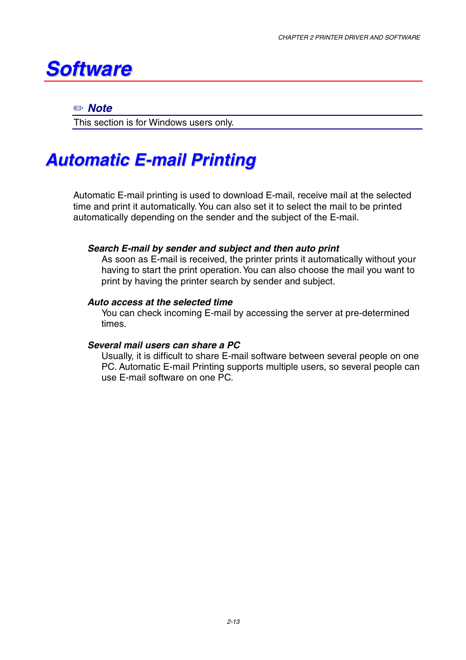 Software, Automatic e-mail printing | Brother HL-1230 EN User Manual | Page 52 / 116